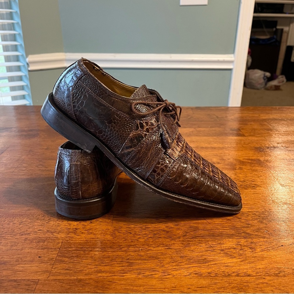 David Eden Dark Brown Crocodile Ostrich Leather Oxfords 10.5